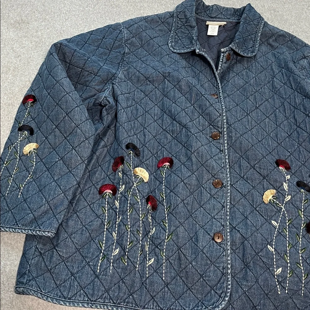 Vintage Quilted Chambray Jacket Womens 2X Boho Grandma Cottagecore Embroidered - Picture 2 of 12